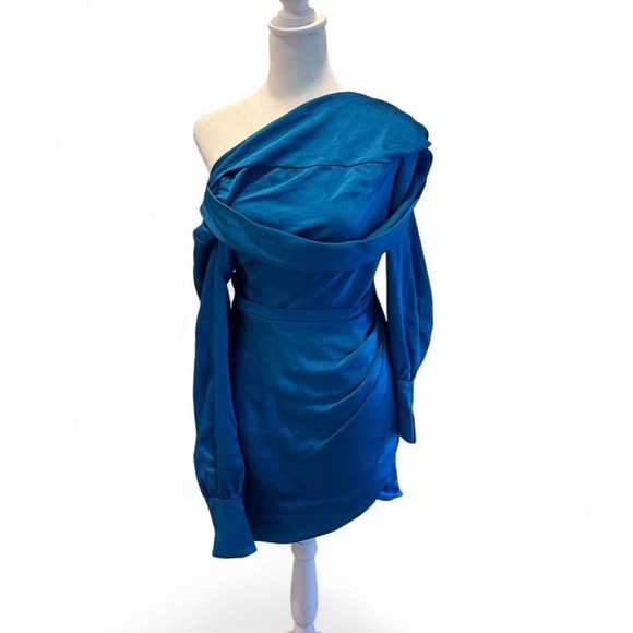 Simkhai Cameron One Shoulder Satin Cocktail Mini Dress Phthalo Blue Sz 0 - Picture 2 of 7